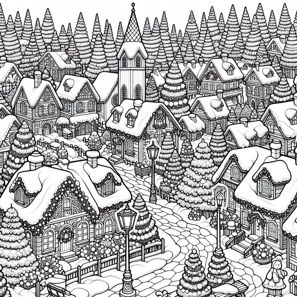 Christmas Village Scene coloring page