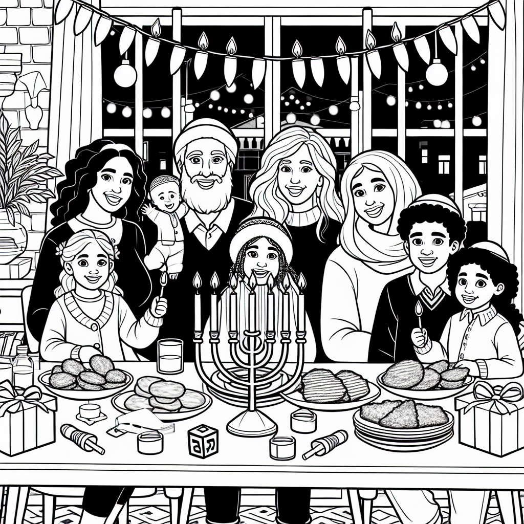 Family Hanukkah Celebration coloring page