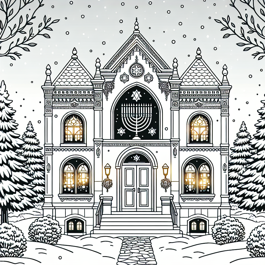 Snowy Synagogue Scene coloring page