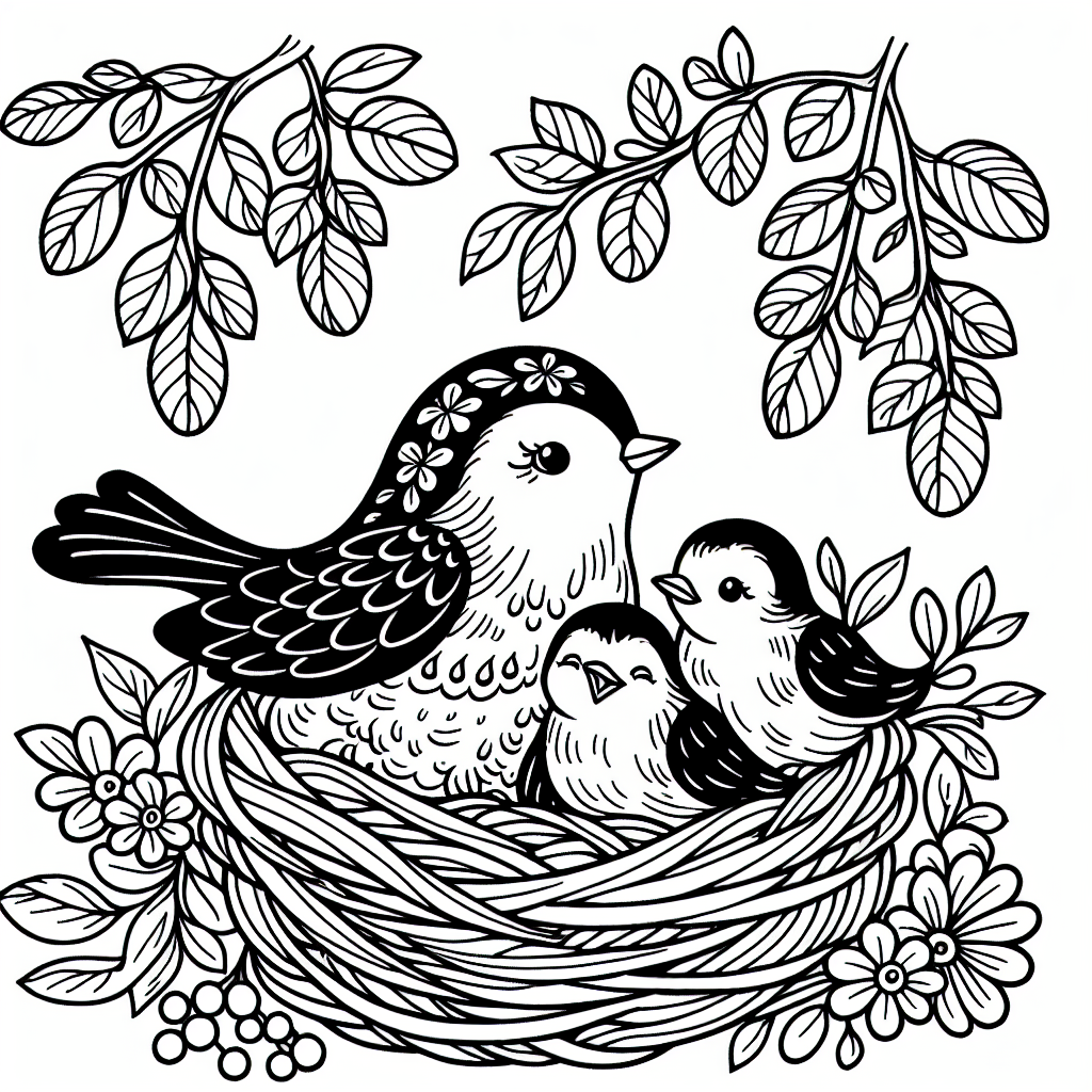 Mother Bird and Chicks coloring page