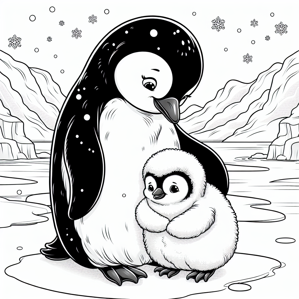 Penguin Mom and Chick coloring page
