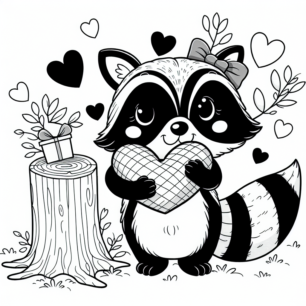 Raccoon Valentine coloring page