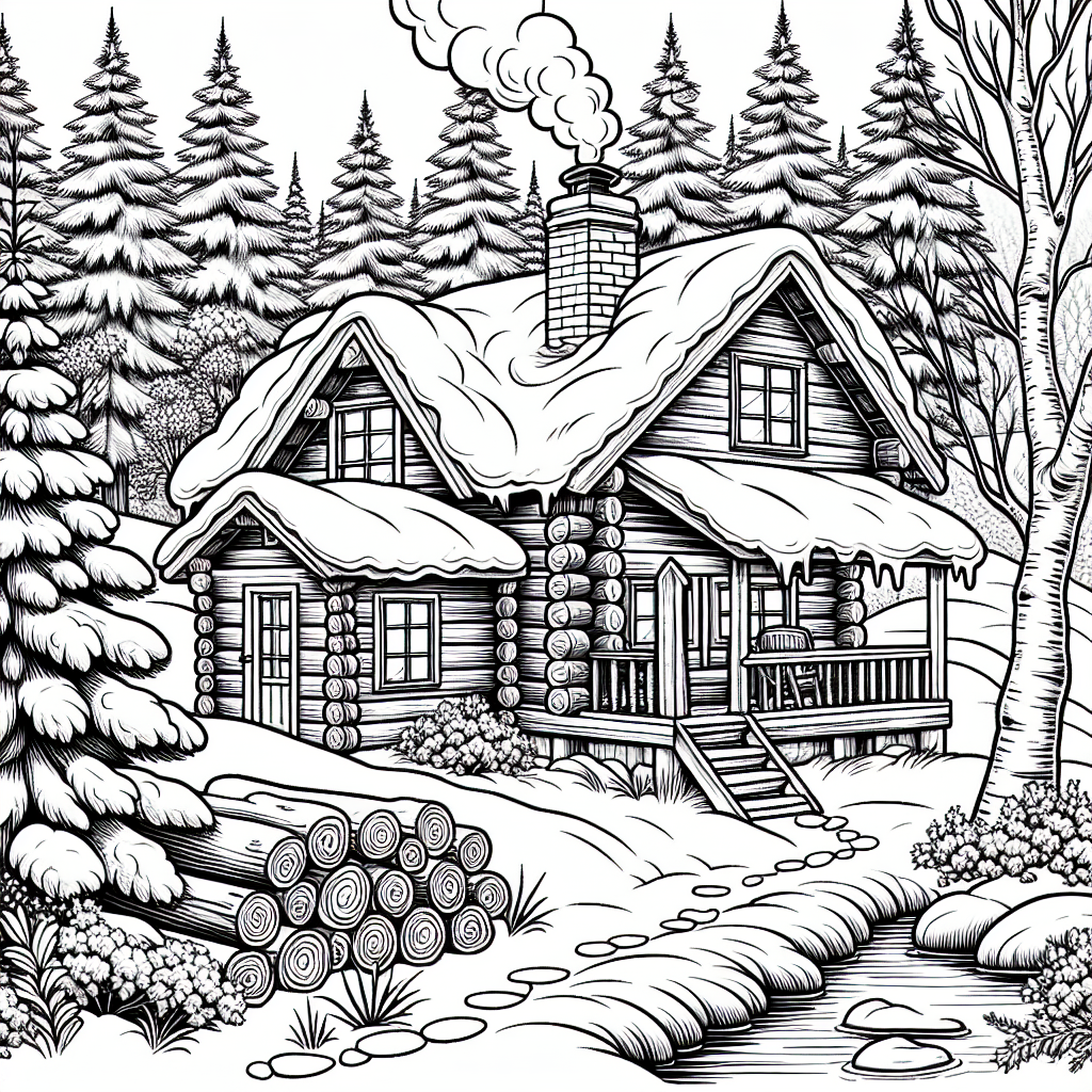 Snowy Log Cabin coloring page
