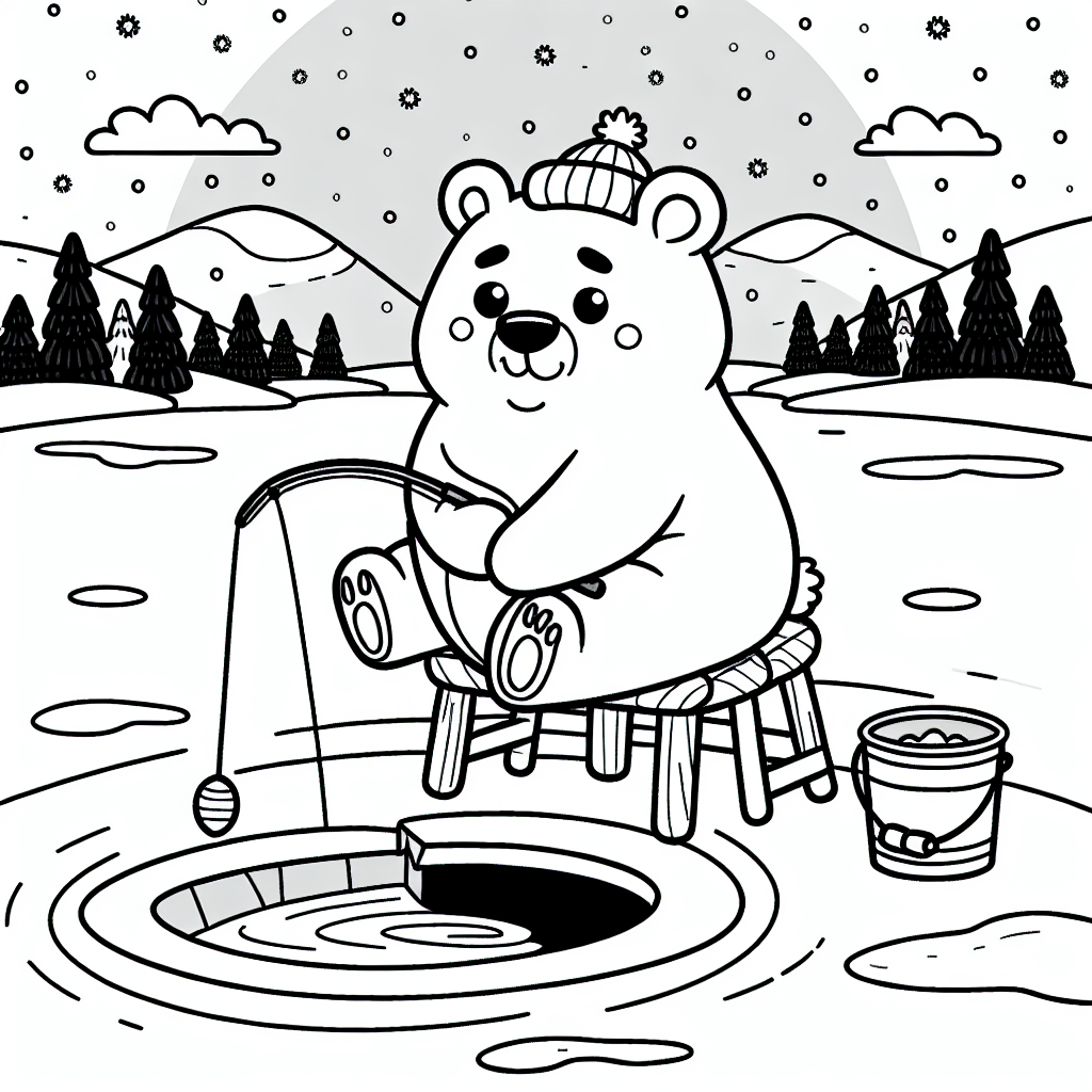 Ice Fishing Bear coloring page